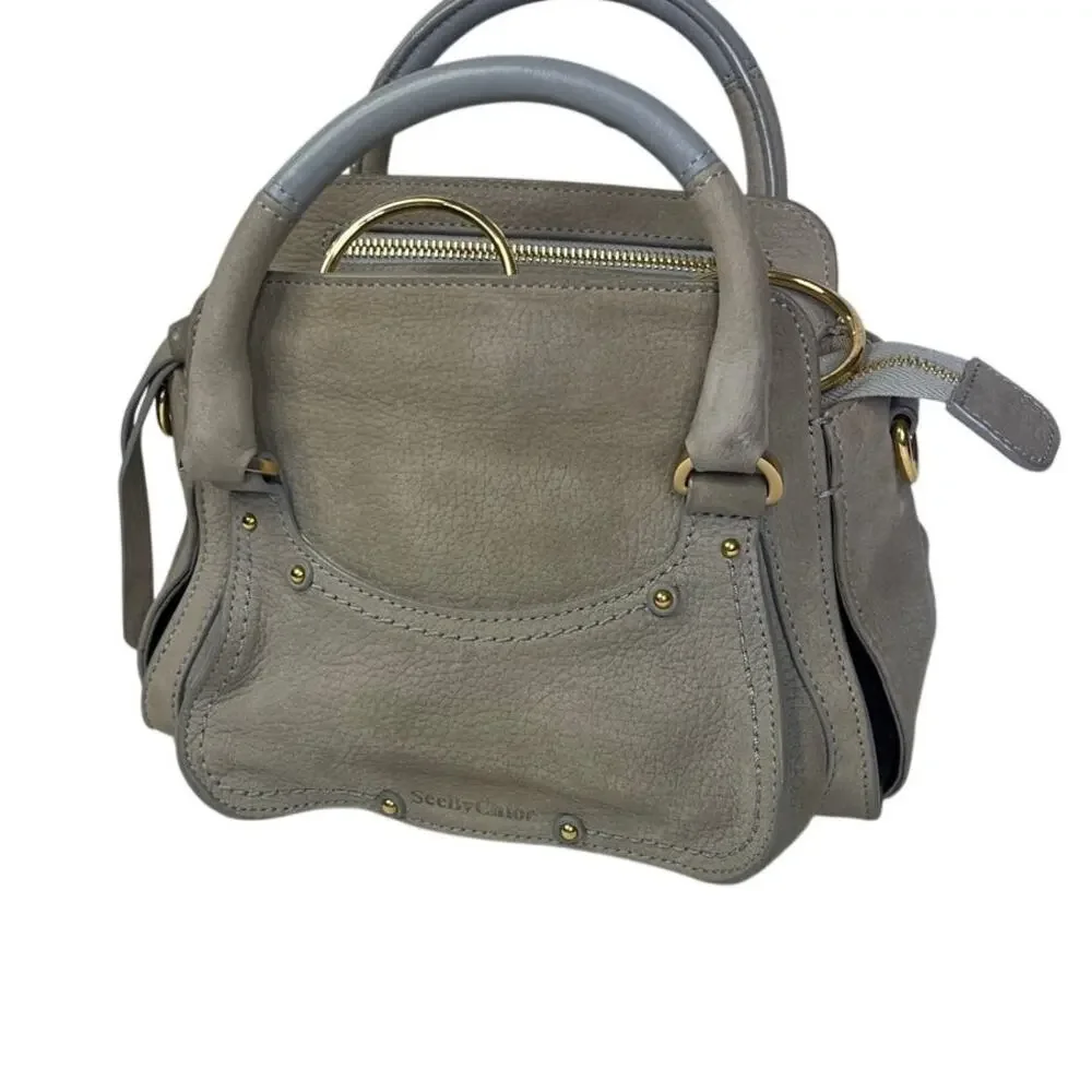 See by Chloé Miya Mini Satchel Crossbody Gray Leather Suede Gold Ring Bag